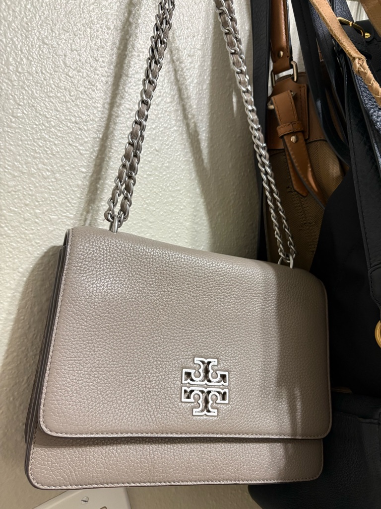 Tory Burch Grey Pebbled Leather Shoulder Bag With Logo Hardware